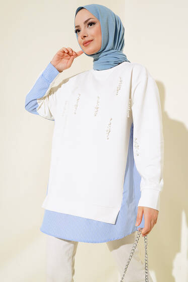 İncili Gömlek Garnili Tunik Ekru İndigo - Tunik