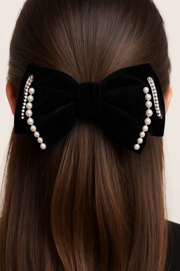 İncili Kadife Fiyonk Toka Siyah - Toka