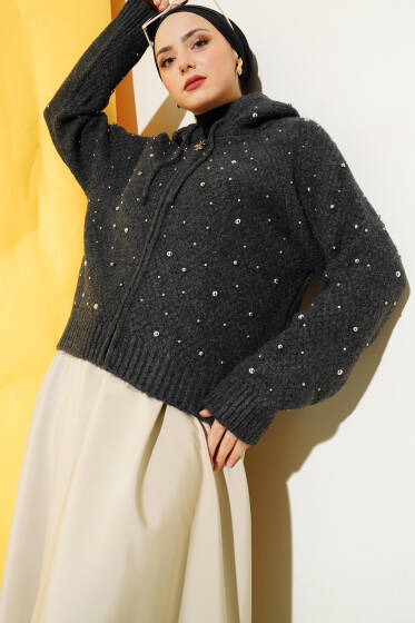 İncili Kapüşonlu Kısa Triko Hırka Antrasit - Hırka