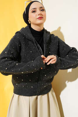 İncili Kapüşonlu Kısa Triko Hırka Antrasit - Triko Hırka