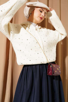 İncili Kapüşonlu Kısa Triko Hırka Kemik - NEFİSE