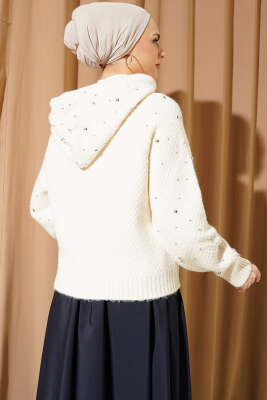 İncili Kapüşonlu Kısa Triko Hırka Kemik - Triko Hırka