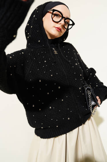 İncili Kapüşonlu Kısa Triko Hırka Siyah - Hırka