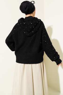 İncili Kapüşonlu Kısa Triko Hırka Siyah - Triko Hırka