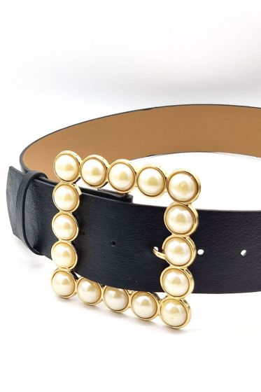 İncili Kare Tokalı Siyah Kemer - Deri Kemer