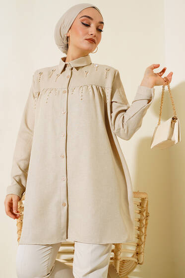İncili Keten Gömlek Bej - Gömlek
