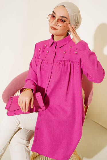 İncili Keten Gömlek Fuşya - Gömlek