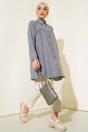 İncili Keten Gömlek Gri - Gömlek