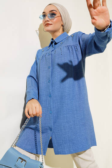 İncili Keten Gömlek İndigo - Gömlek