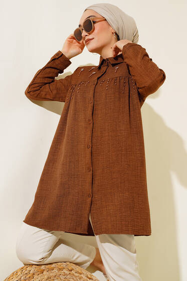 İncili Keten Gömlek Kahve - Gömlek