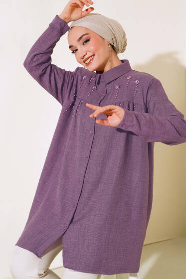 İncili Keten Gömlek Magenta - Gömlek