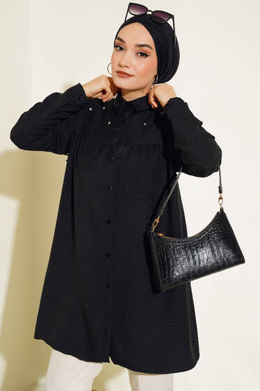 İncili Keten Gömlek Siyah - Gömlek