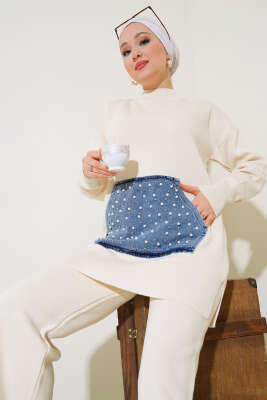 İncili Kot Cepli Triko İkili Takım Bej - Triko İkili Takım