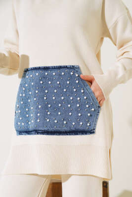 İncili Kot Cepli Triko İkili Takım Bej - Triko İkili Takım