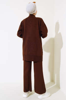 İncili Kot Cepli Triko İkili Takım Kahve - Triko İkili Takım