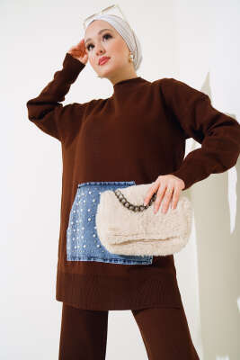 İncili Kot Cepli Triko İkili Takım Kahve - Triko İkili Takım