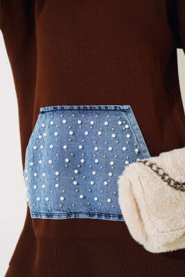 İncili Kot Cepli Triko İkili Takım Kahve - Triko İkili Takım