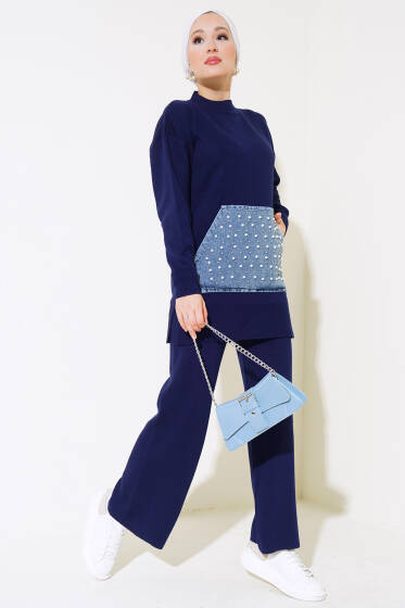 İncili Kot Cepli Triko İkili Takım Lacivert - İkili Takım