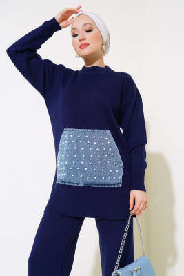 İncili Kot Cepli Triko İkili Takım Lacivert - Triko İkili Takım