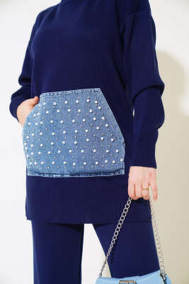 İncili Kot Cepli Triko İkili Takım Lacivert - Triko İkili Takım