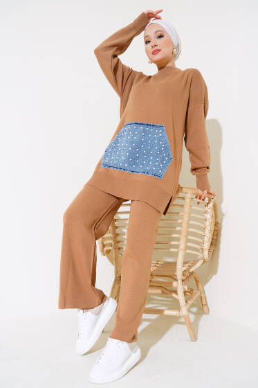 İncili Kot Cepli Triko İkili Takım Latte - İKİLİ TAKIM