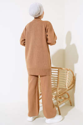 İncili Kot Cepli Triko İkili Takım Latte - Triko İkili Takım