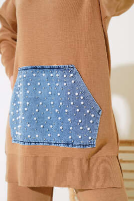 İncili Kot Cepli Triko İkili Takım Latte - Triko İkili Takım