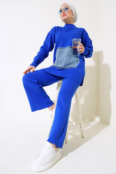 İncili Kot Cepli Triko İkili Takım Saks - İKİLİ TAKIM