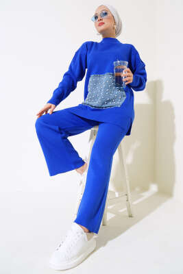 İncili Kot Cepli Triko İkili Takım Saks - SUDE NAZ