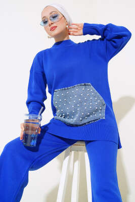 İncili Kot Cepli Triko İkili Takım Saks - Triko İkili Takım