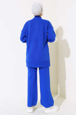 İncili Kot Cepli Triko İkili Takım Saks - Triko İkili Takım