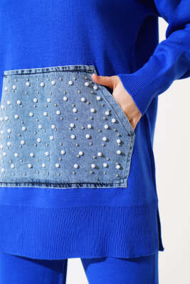 İncili Kot Cepli Triko İkili Takım Saks - Triko İkili Takım