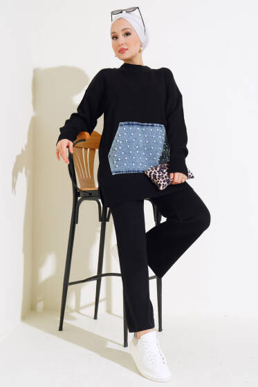 İncili Kot Cepli Triko İkili Takım Siyah - İkili Takım