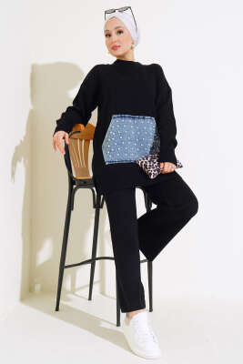 İncili Kot Cepli Triko İkili Takım Siyah - SUDE NAZ