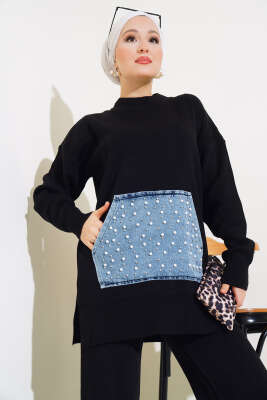 İncili Kot Cepli Triko İkili Takım Siyah - Triko İkili Takım