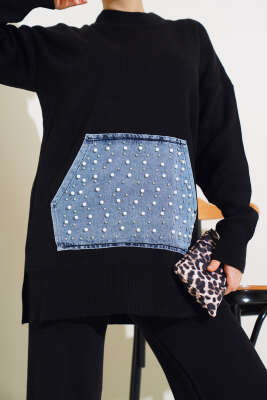 İncili Kot Cepli Triko İkili Takım Siyah - Triko İkili Takım