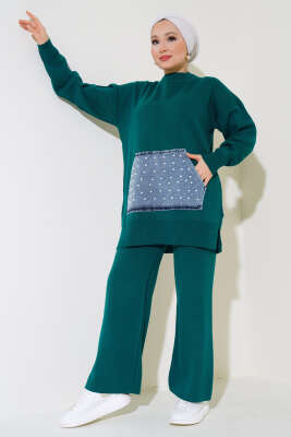 İncili Kot Cepli Triko İkili Takım Zümrüt 