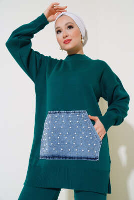 İncili Kot Cepli Triko İkili Takım Zümrüt - Triko İkili Takım