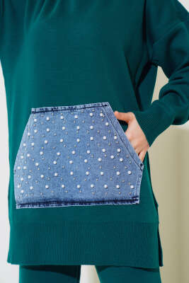 İncili Kot Cepli Triko İkili Takım Zümrüt - Triko İkili Takım