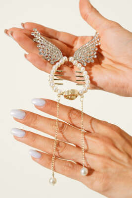 İncili Melek Kanatlı Taraklı Toka Gold - Toka