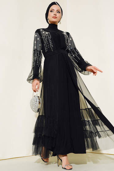 İncili Taşlı Abaya Siyah - Tesettür Elbise