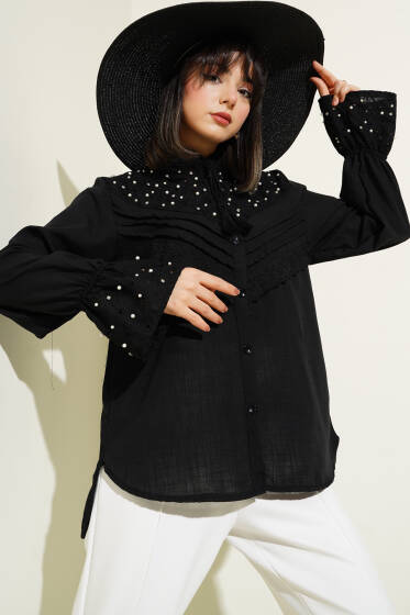 İncili Taşlı Brode Detaylı Gömlek Siyah - Gömlek
