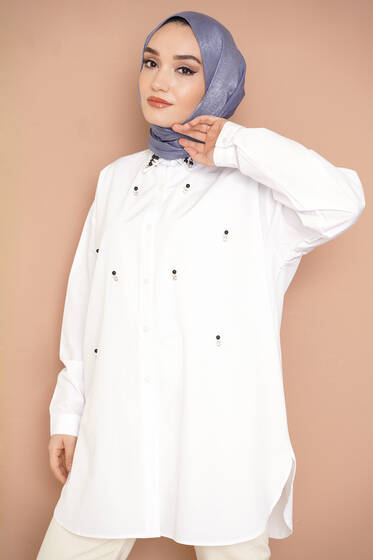 İncili Taşlı Gömlek Beyaz - Gömlek