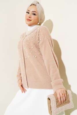 İncili Taşlı Sakallı Kısa Hırka Bisküvi - Triko Hırka