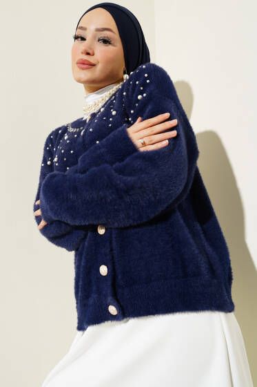 İncili Taşlı Sakallı Kısa Hırka Lacivert - Hırka