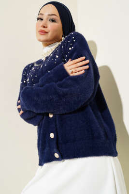 İncili Taşlı Sakallı Kısa Hırka Lacivert 