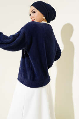 İncili Taşlı Sakallı Kısa Hırka Lacivert - Triko Hırka