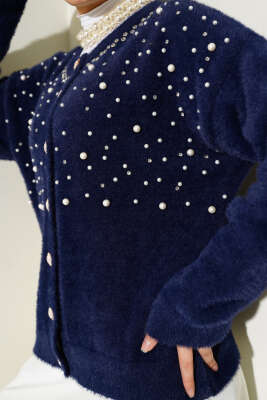 İncili Taşlı Sakallı Kısa Hırka Lacivert - Triko Hırka