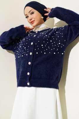 İncili Taşlı Sakallı Kısa Hırka Lacivert - Triko Hırka
