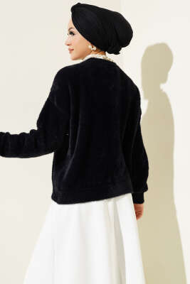 İncili Taşlı Sakallı Kısa Hırka Siyah - Triko Hırka